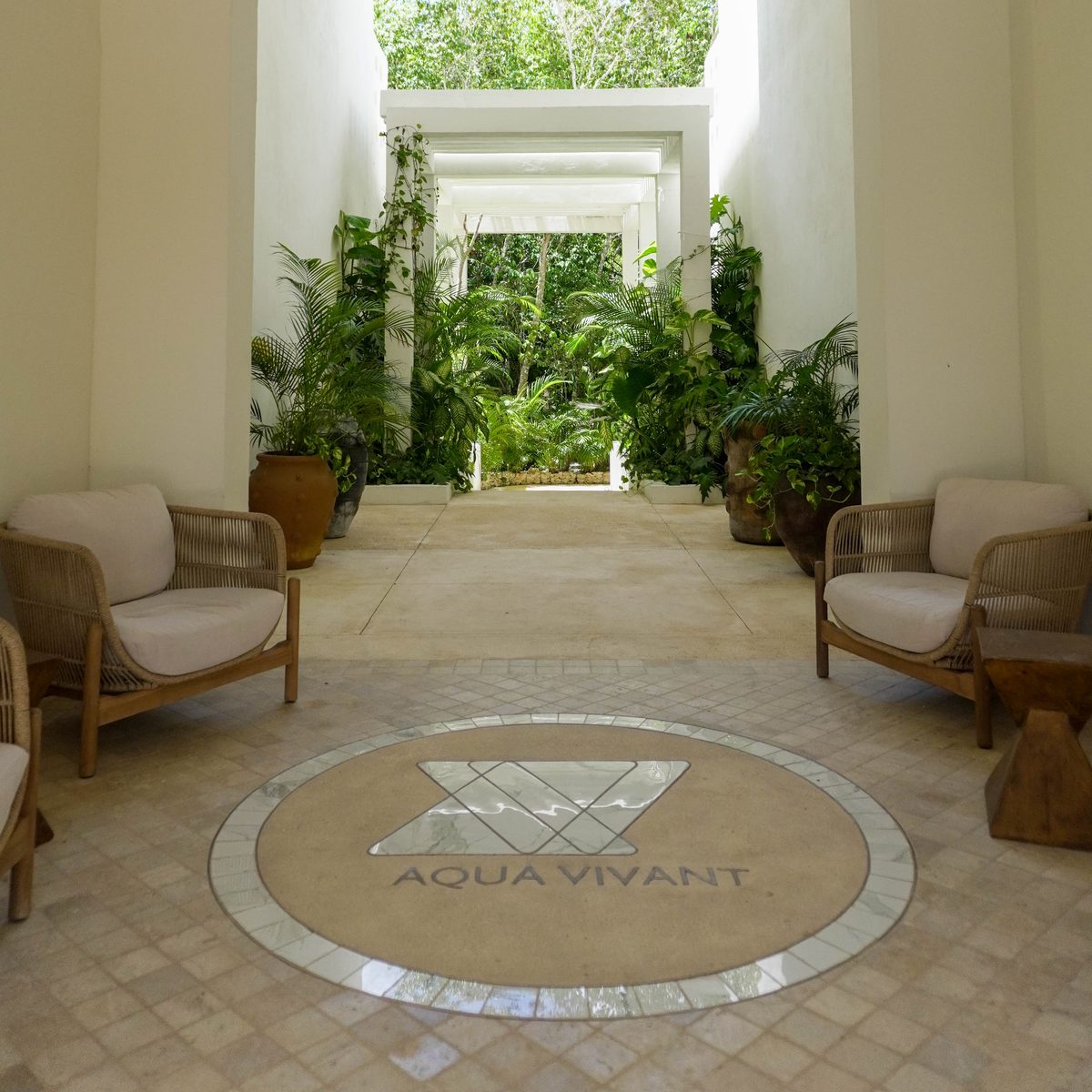 Acceso de Aqua Vivant: logotipo en el piso, sillones y pasillo con pérgola y vegetación al fondo