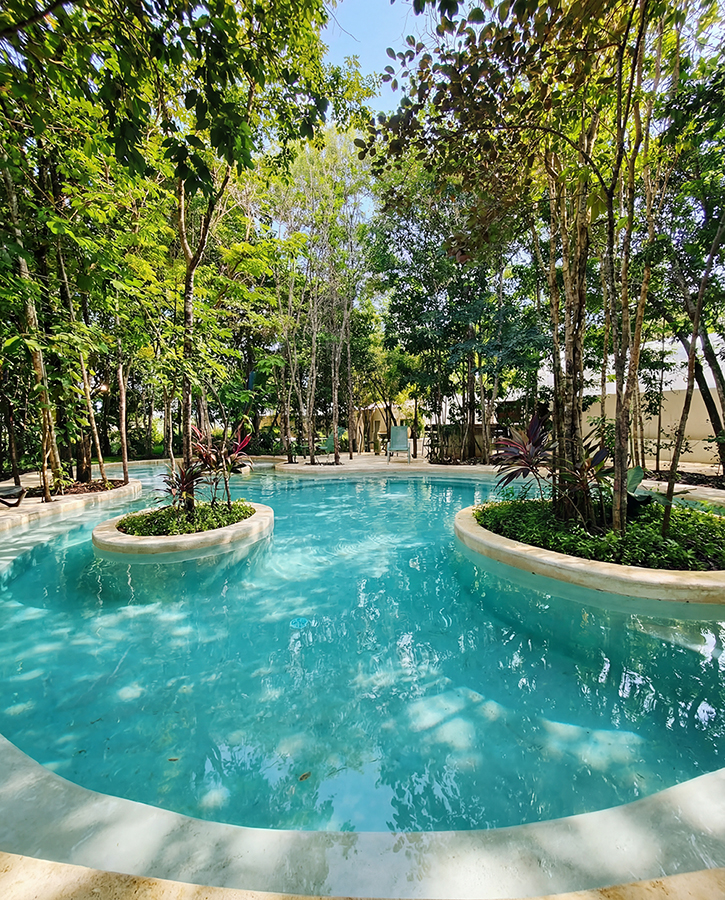 Alberca central de Aqua Vivant rodeada de selva privada en Huayacán, Cancún